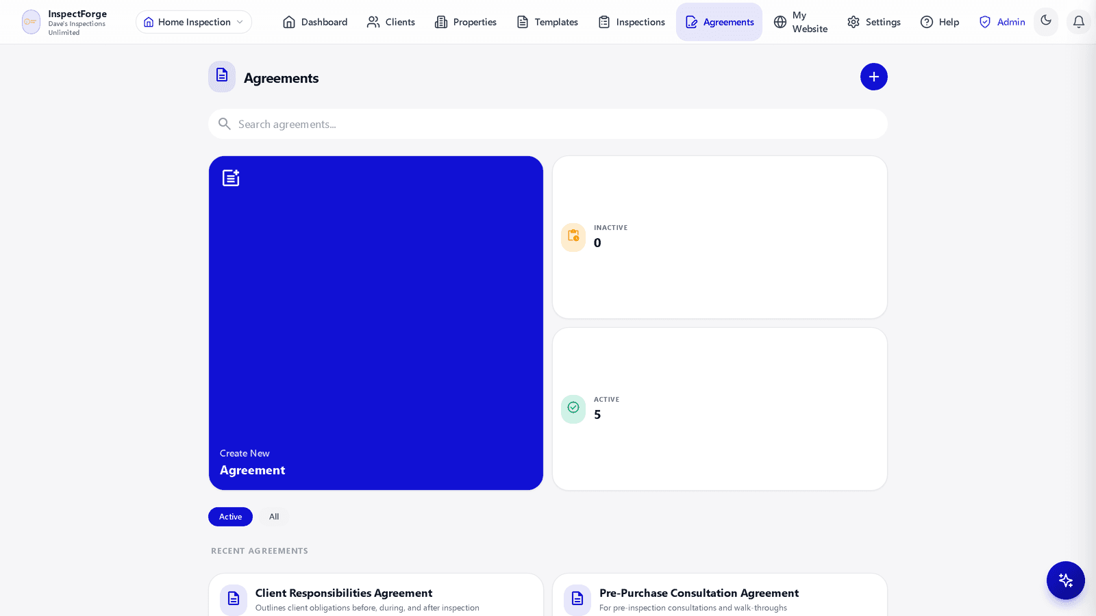 InspectForge Agreements page with standard and custom agreement riders
