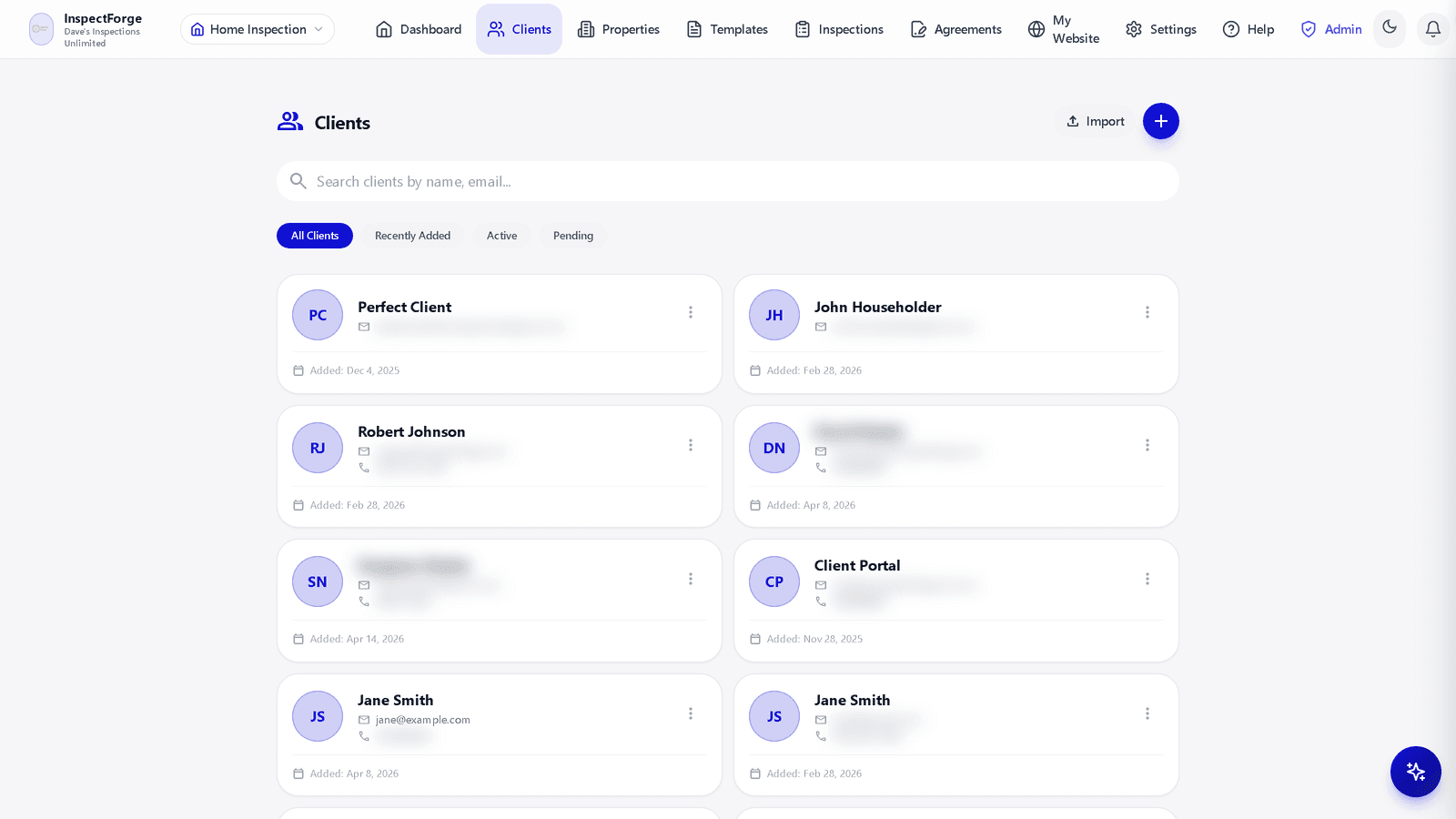 InspectForge Clients page with search, client list table, and new client button
