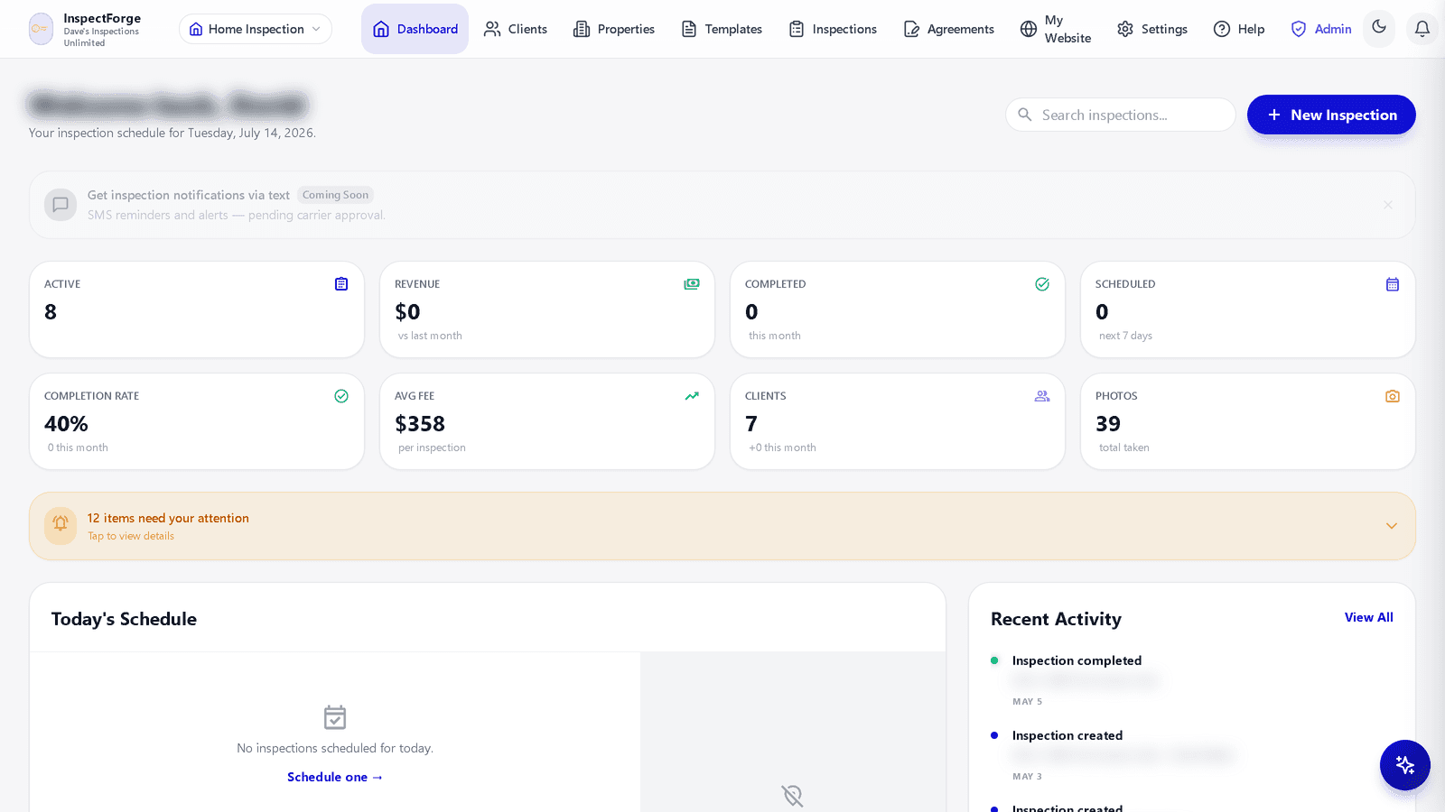 InspectForge Dashboard showing business metric cards, needs-attention panel, today's schedule, and recent activity