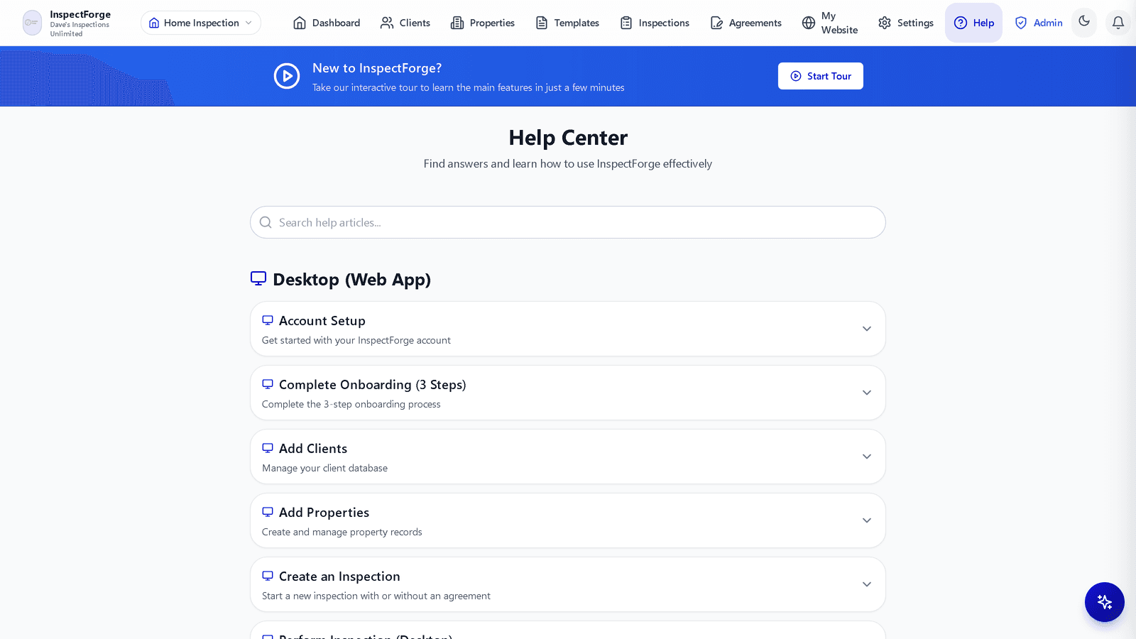 InspectForge Help Center with interactive tour banner, search, and categorized help articles