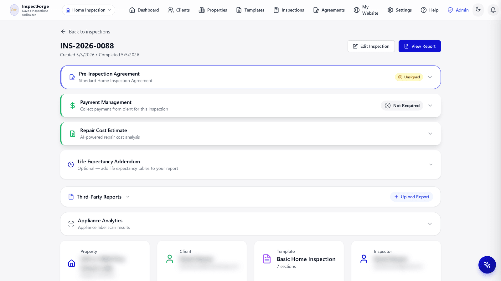 InspectForge Inspection detail page with pre-inspection agreement, payment management, repair cost estimate, and property summary cards