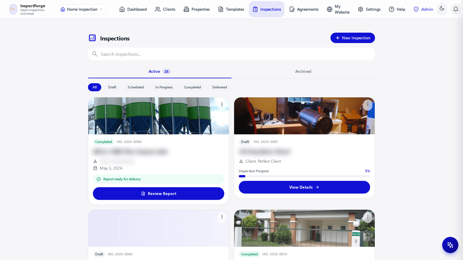 InspectForge Inspections list with active and archived tabs, status filters, and search