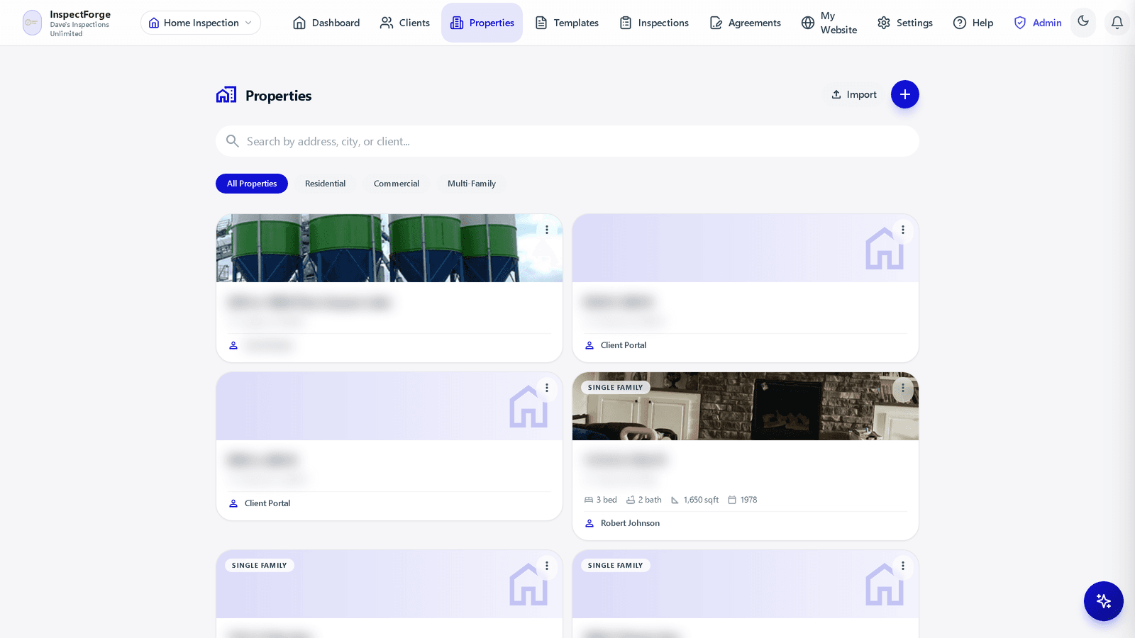 InspectForge Properties list view with property cards, search, and type icons
