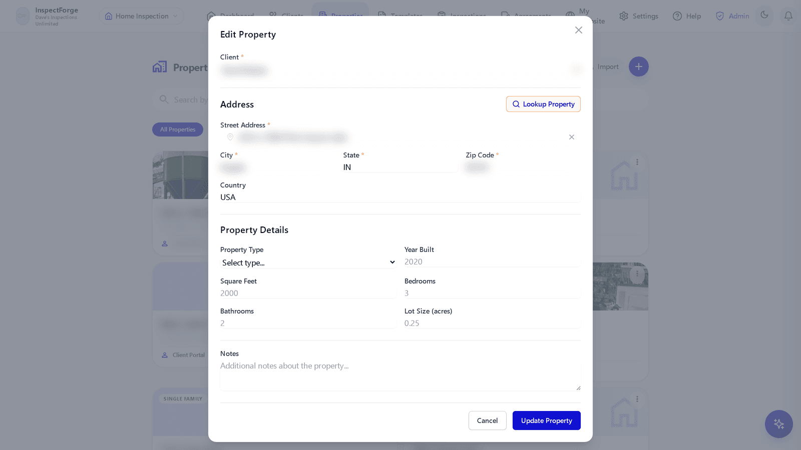 InspectForge Edit Property modal with address fields, property type, and details
