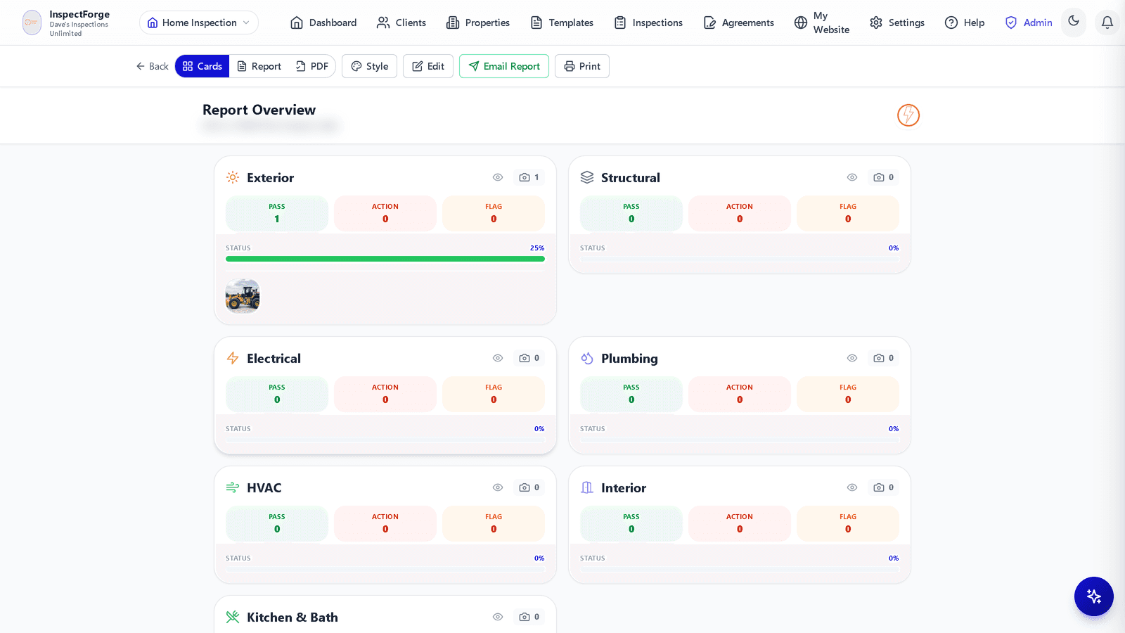 InspectForge Report Viewer with section navigation sidebar, status dots, and detailed findings