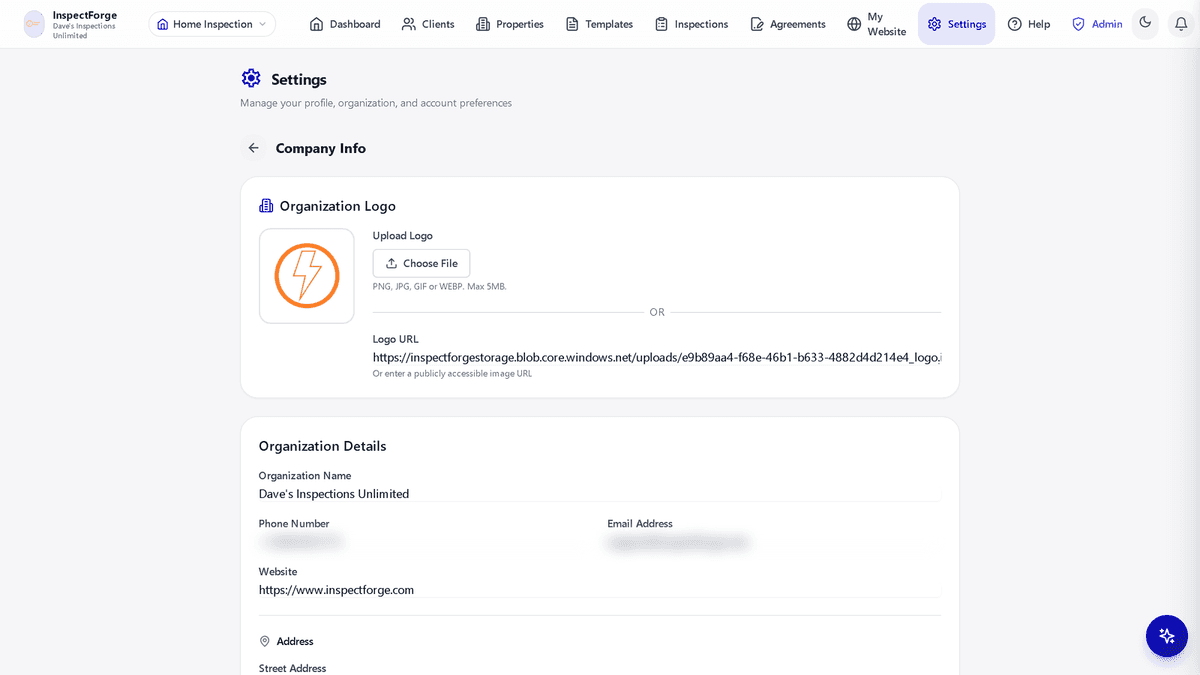 Company Info settings with organization logo upload, organization details, and address fields