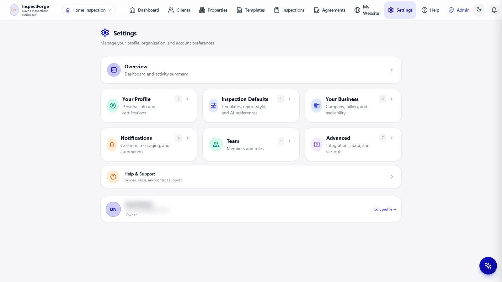 InspectForge Settings home with card-based groups: Your Profile, Inspection Defaults, Your Business, Notifications, Team, and Advanced