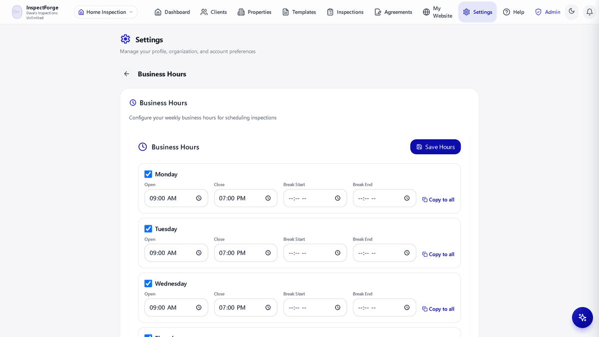 Business Hours configuration with per-day schedule, break times, and copy-to-all
