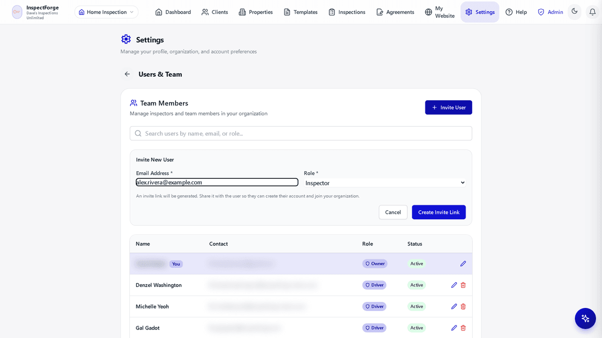 Invite New User form with email address, role dropdown, and Create Invite Link button