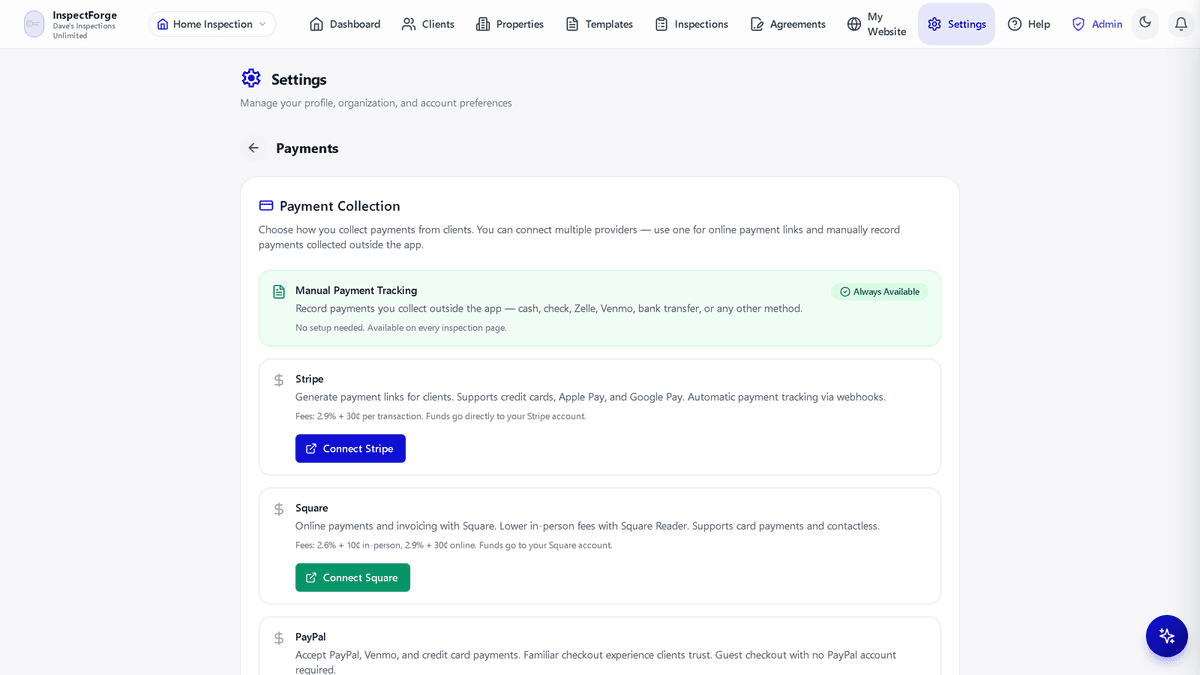 Payment Collection settings with manual payment tracking, Stripe, Square, and PayPal options