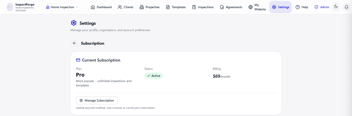 Subscription page showing current plan, status, billing, and Manage Subscription button