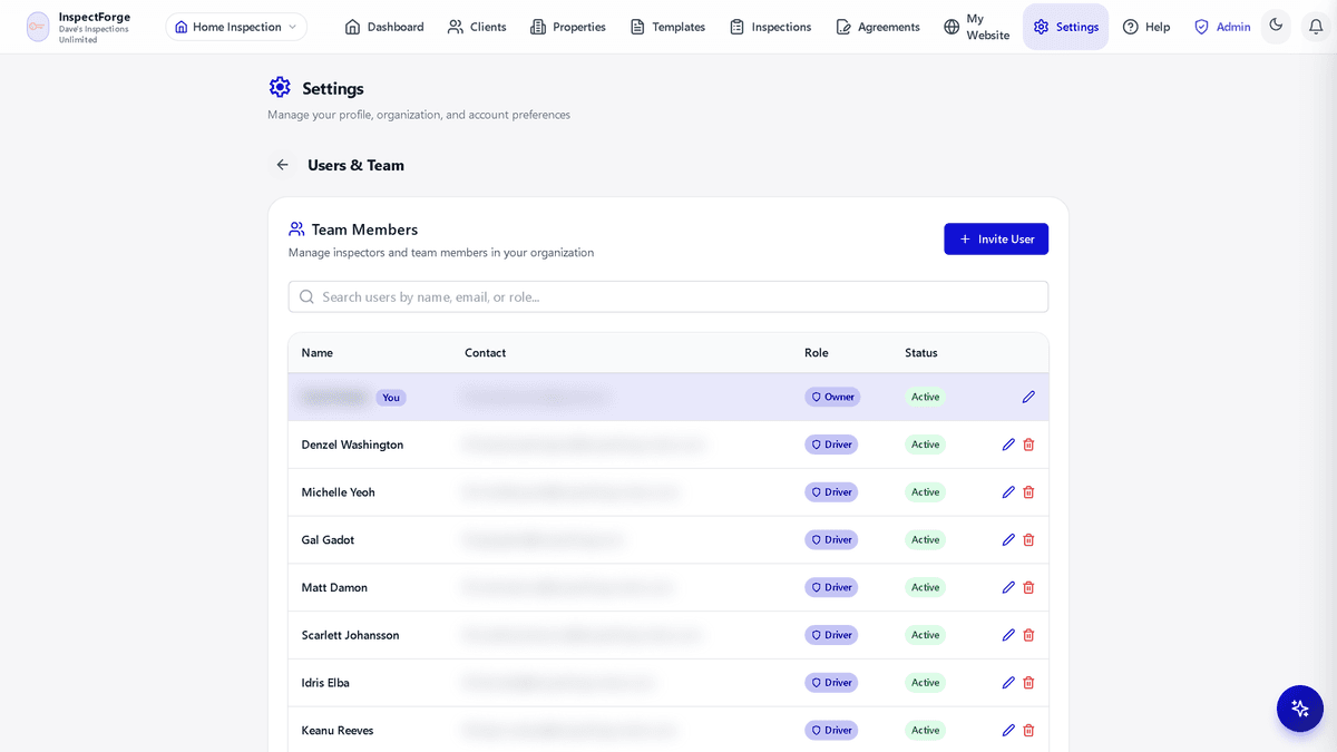 Users and Team page with team member table, search, and Invite User button