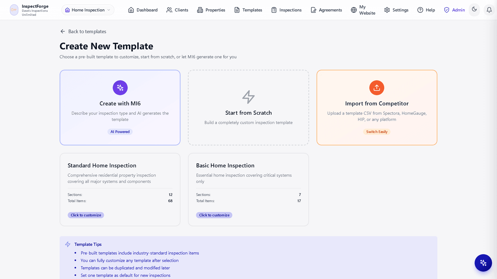 InspectForge Create Template options including AI-powered generation with MI6