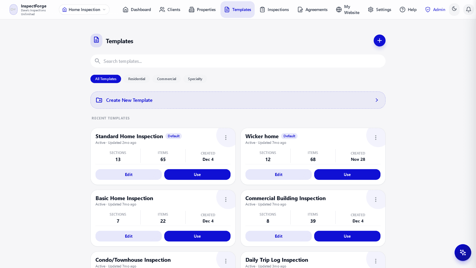 InspectForge Template Library with pre-built and custom templates