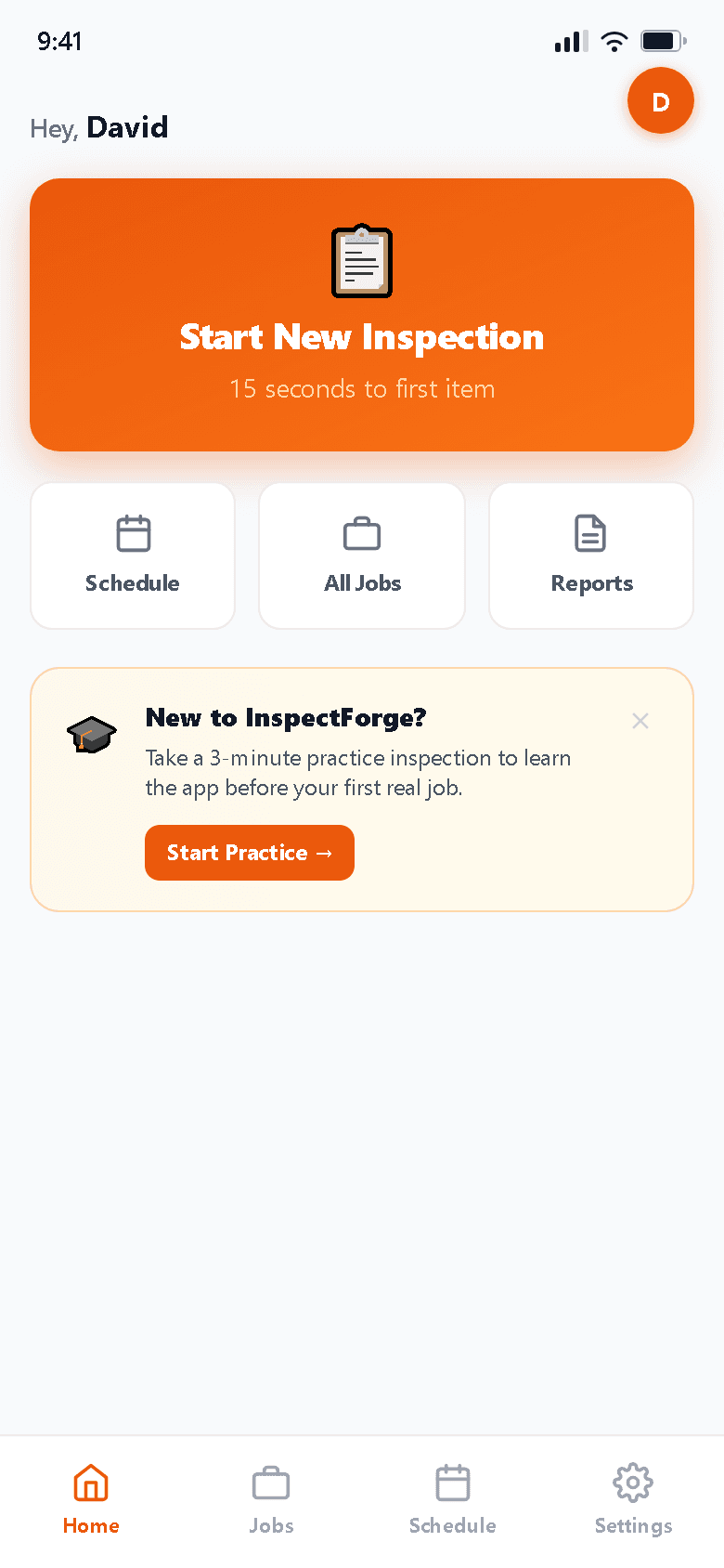 InspectForge mobile home screen with one-tap Start New Inspection button