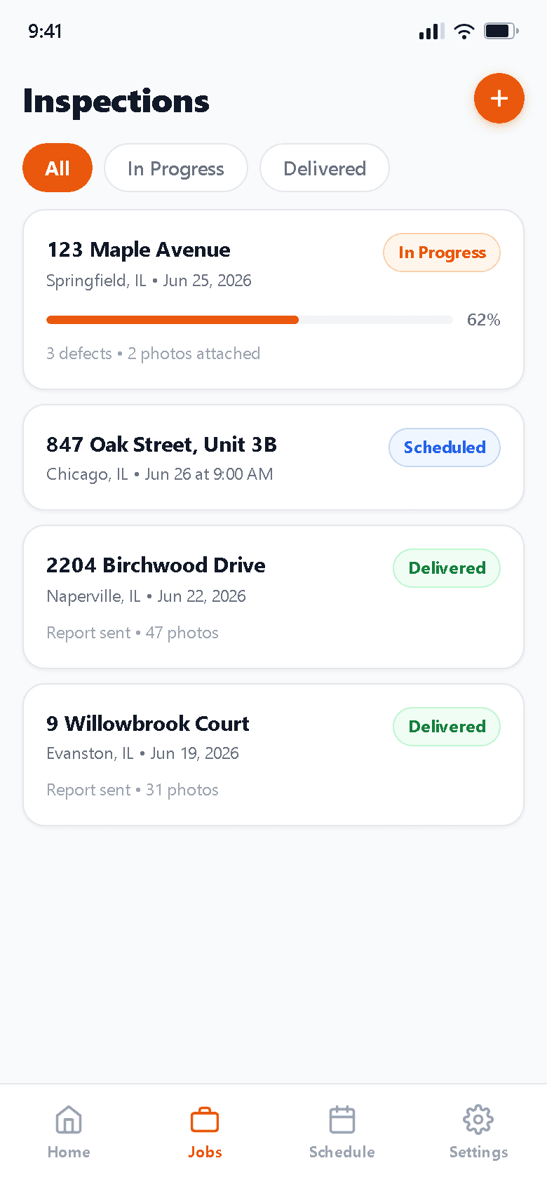 InspectForge mobile jobs list showing all inspections with status badges