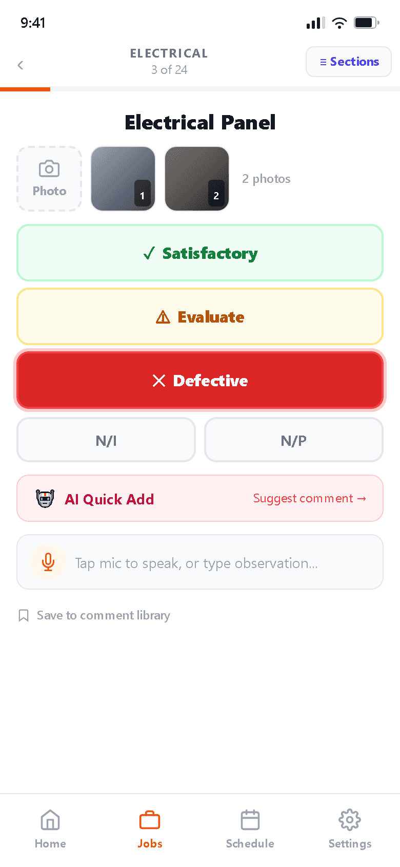 InspectForge mobile app — in-field inspection with giant rating buttons and voice comment bar