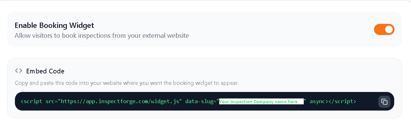 InspectForge embeddable booking widget embed code snippet ready to copy and paste into any website