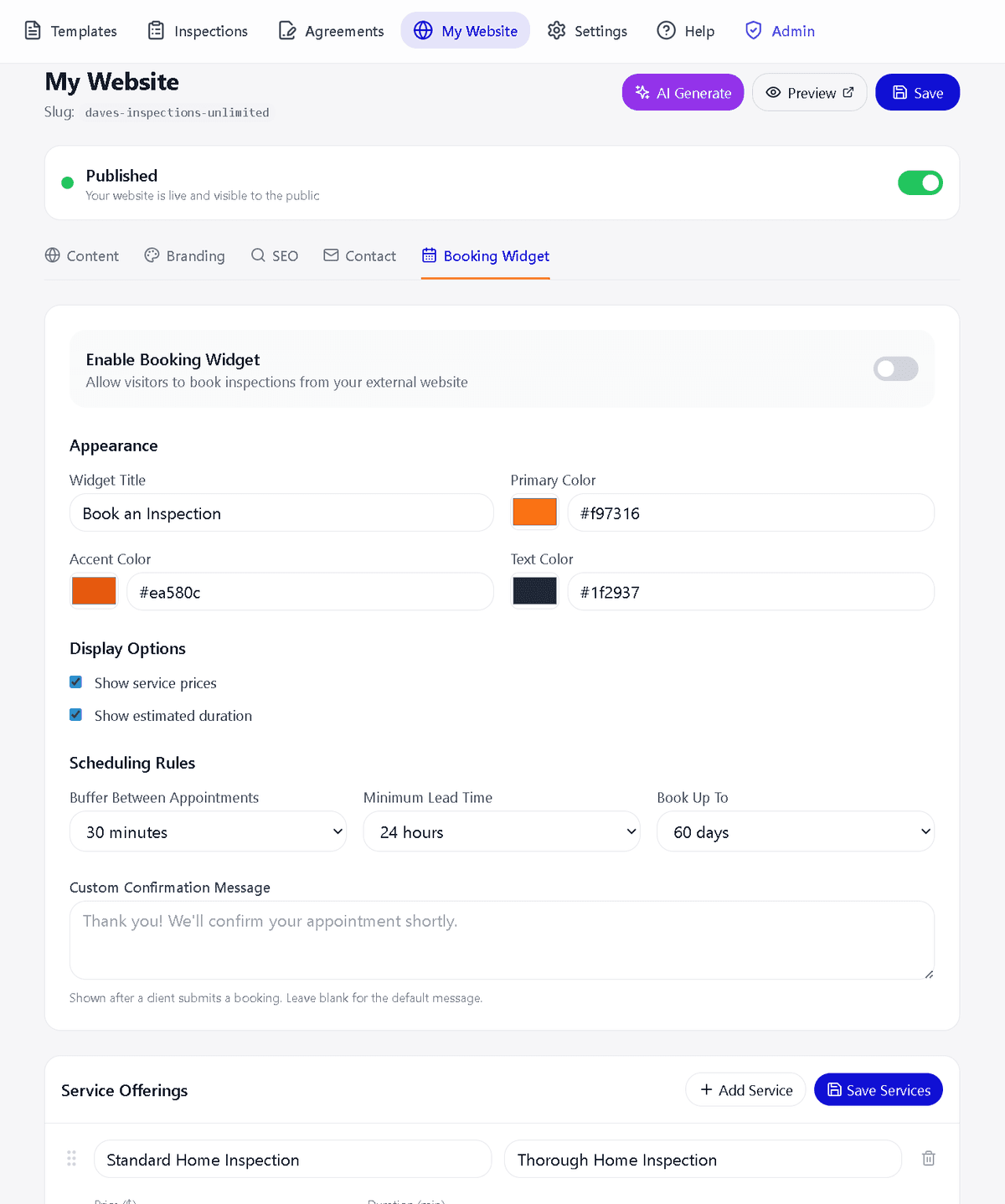 InspectForge booking widget settings showing the Booking Widget tab with enable toggle, embed code, color pickers, and scheduling rules