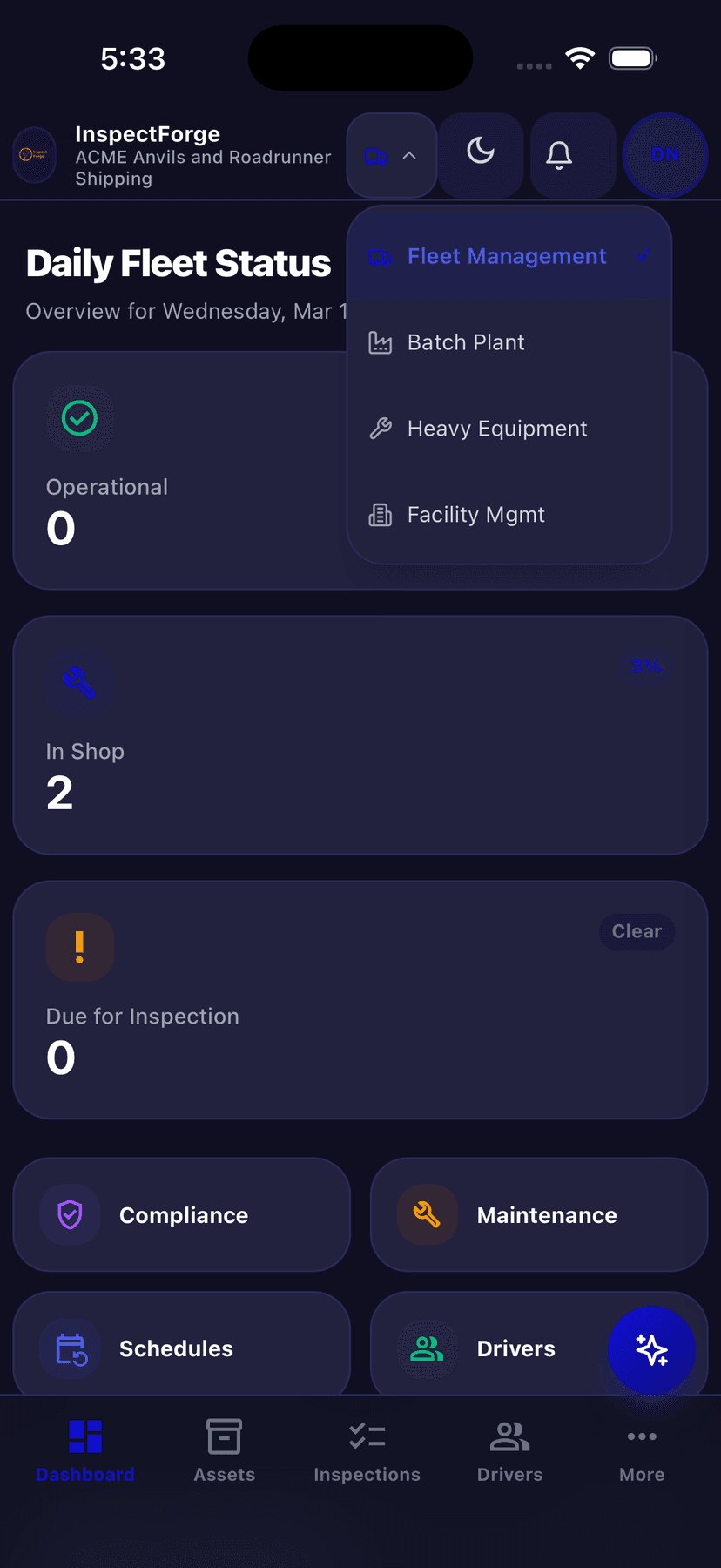 InspectForge Fleet dashboard in dark mode showing daily fleet status, operational vehicles, and quick-access buttons on a dark background