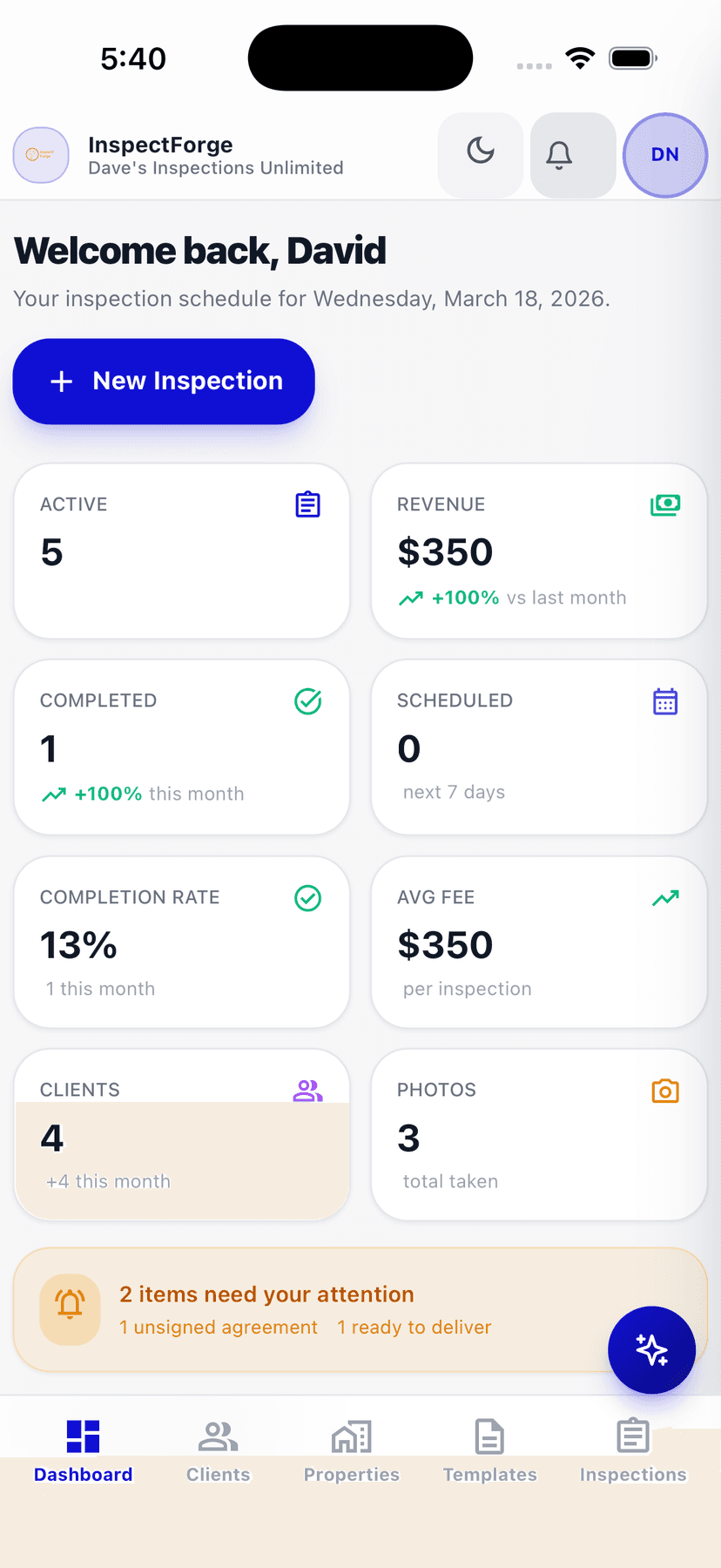 InspectForge Home Inspection dashboard in light mode showing welcome message, active inspections, revenue, and today's schedule