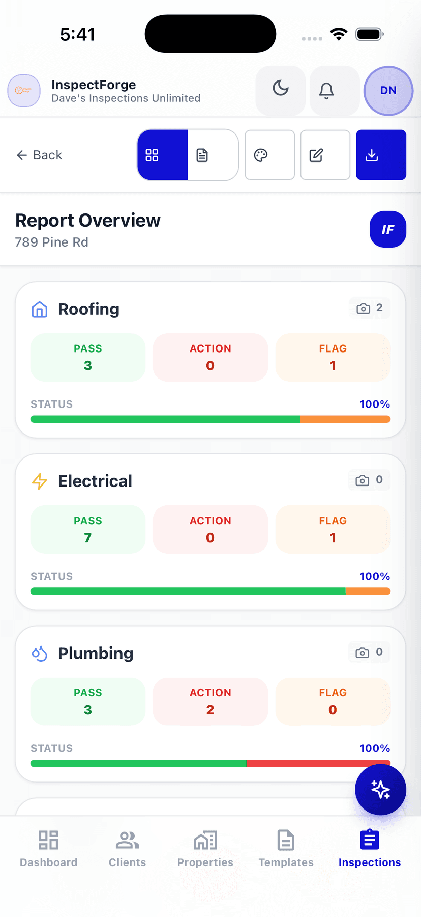 InspectForge report card overview showing inspection sections with Pass, Action, and Flag counts displayed as numbers alongside color-coded bars