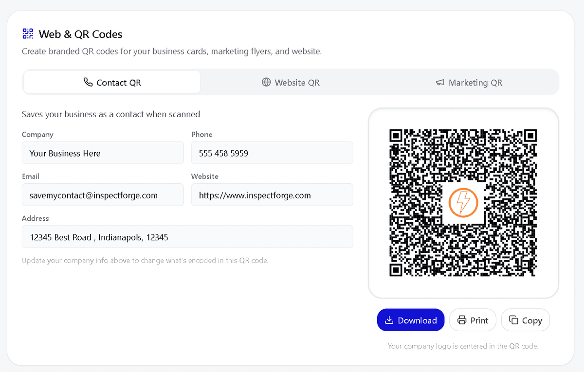 Contact QR Code Generator — saves inspector contact info to phone