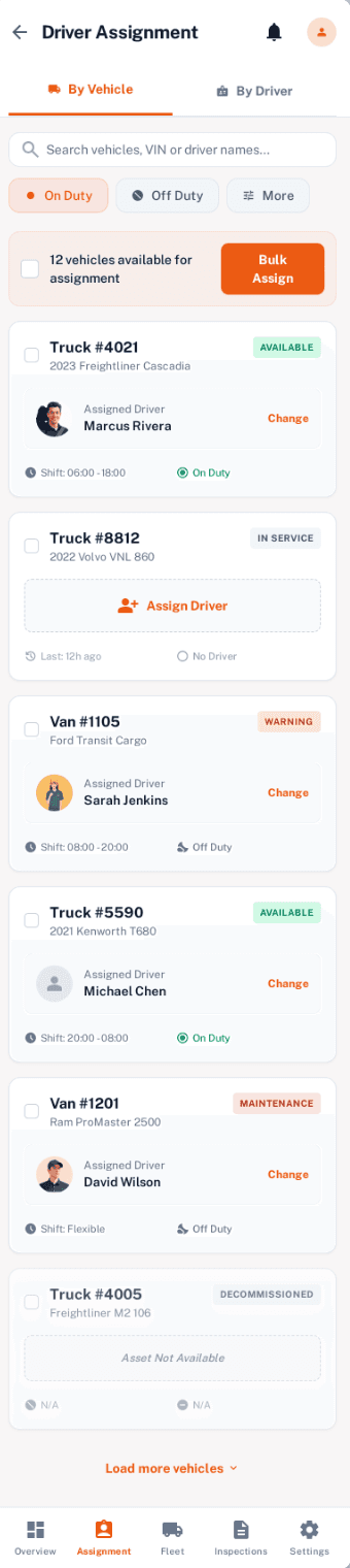 Driver to vehicle assignment screen with bulk assign and shift management