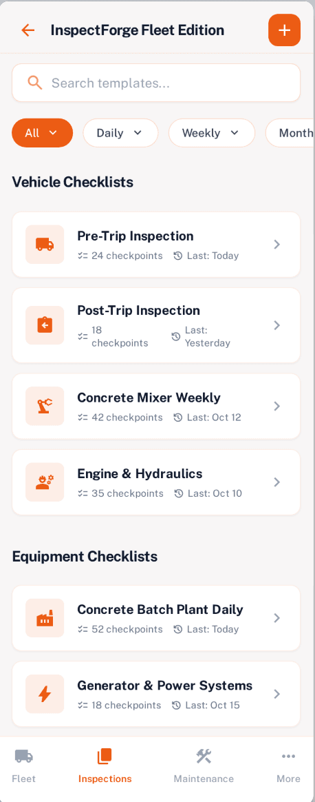 Fleet and equipment inspection checklist templates with frequency filters
