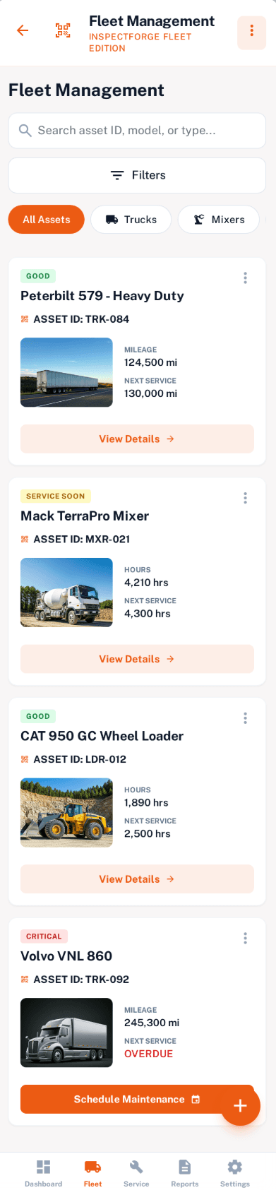 Fleet management asset registry with search filters and service status