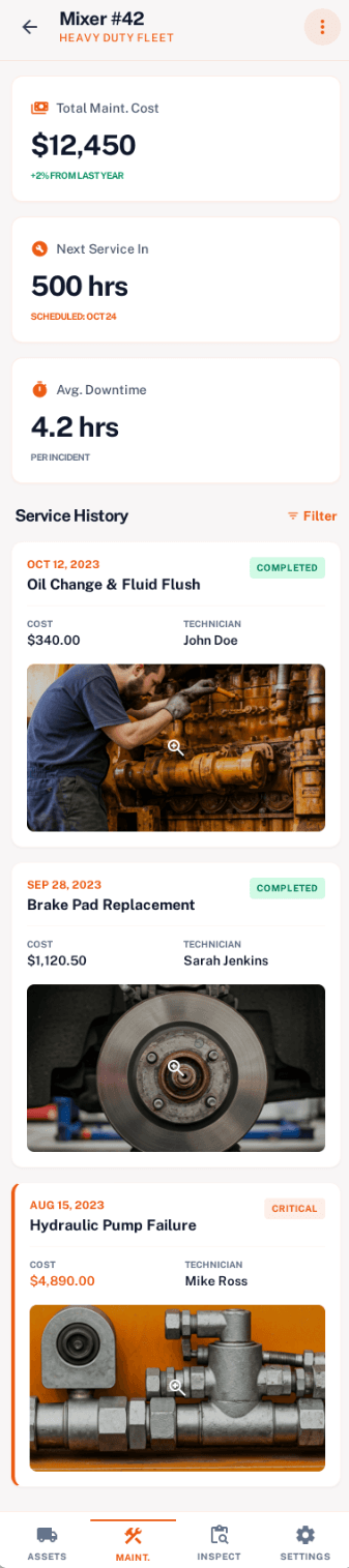Fleet vehicle maintenance history with cost tracking and service photos