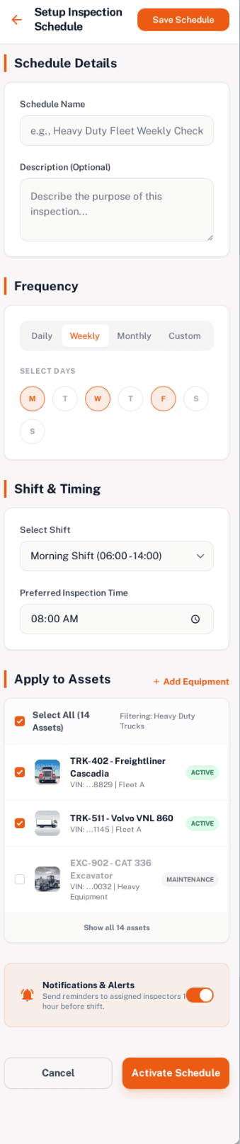 Recurring inspection schedule setup with frequency and shift timing