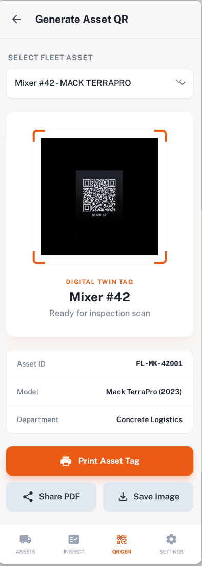 InspectForge digital twin QR code generation for fleet assets
