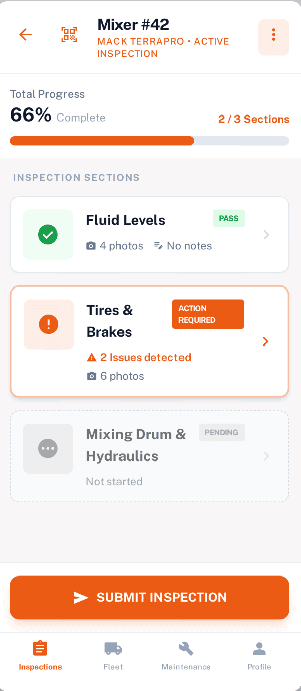 Active fleet inspection with pass fail sections and progress tracking